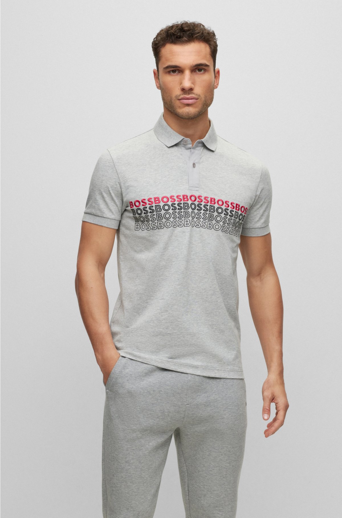 Cotton-blend polo shirt with embroidered logos, Light Grey
