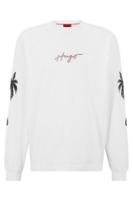 HUGO Cotton jersey T shirt with palm tree artwork and branding