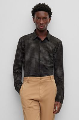 Shop Hugo Boss Slim-fit Shirt In Printed Cotton-blend Jersey In Black