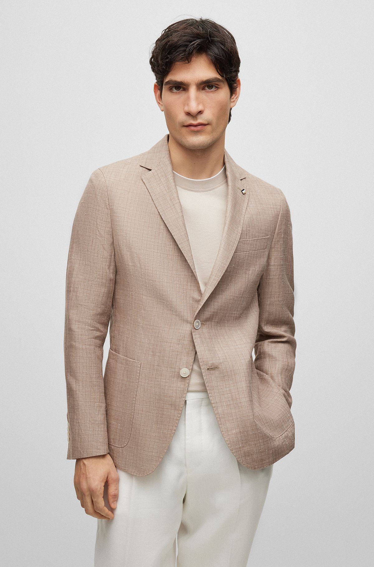 Slim-fit jacket in patterned linen and virgin wool, Light Beige