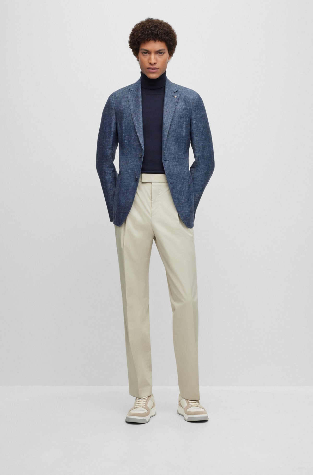 BOSS - Slim-fit jacket in patterned linen and virgin wool