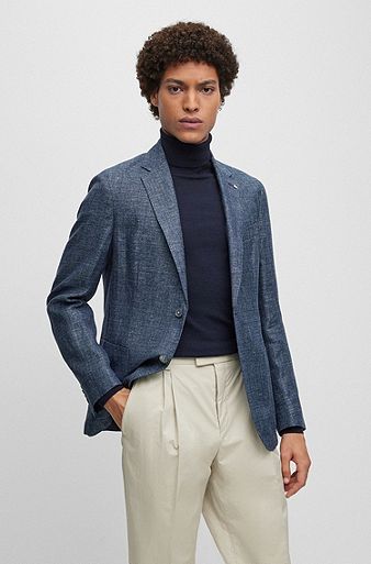 Slim-fit jacket in patterned linen and virgin wool, Dark Blue