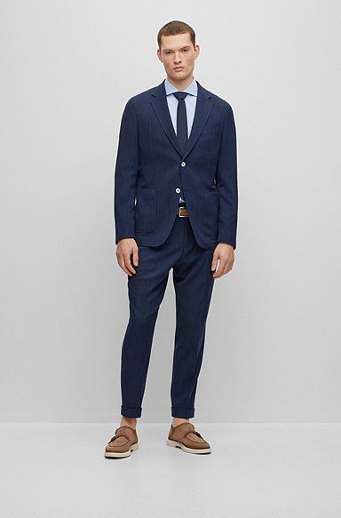 Slim-fit suit in a patterned stretch-wool blend, Dark Blue