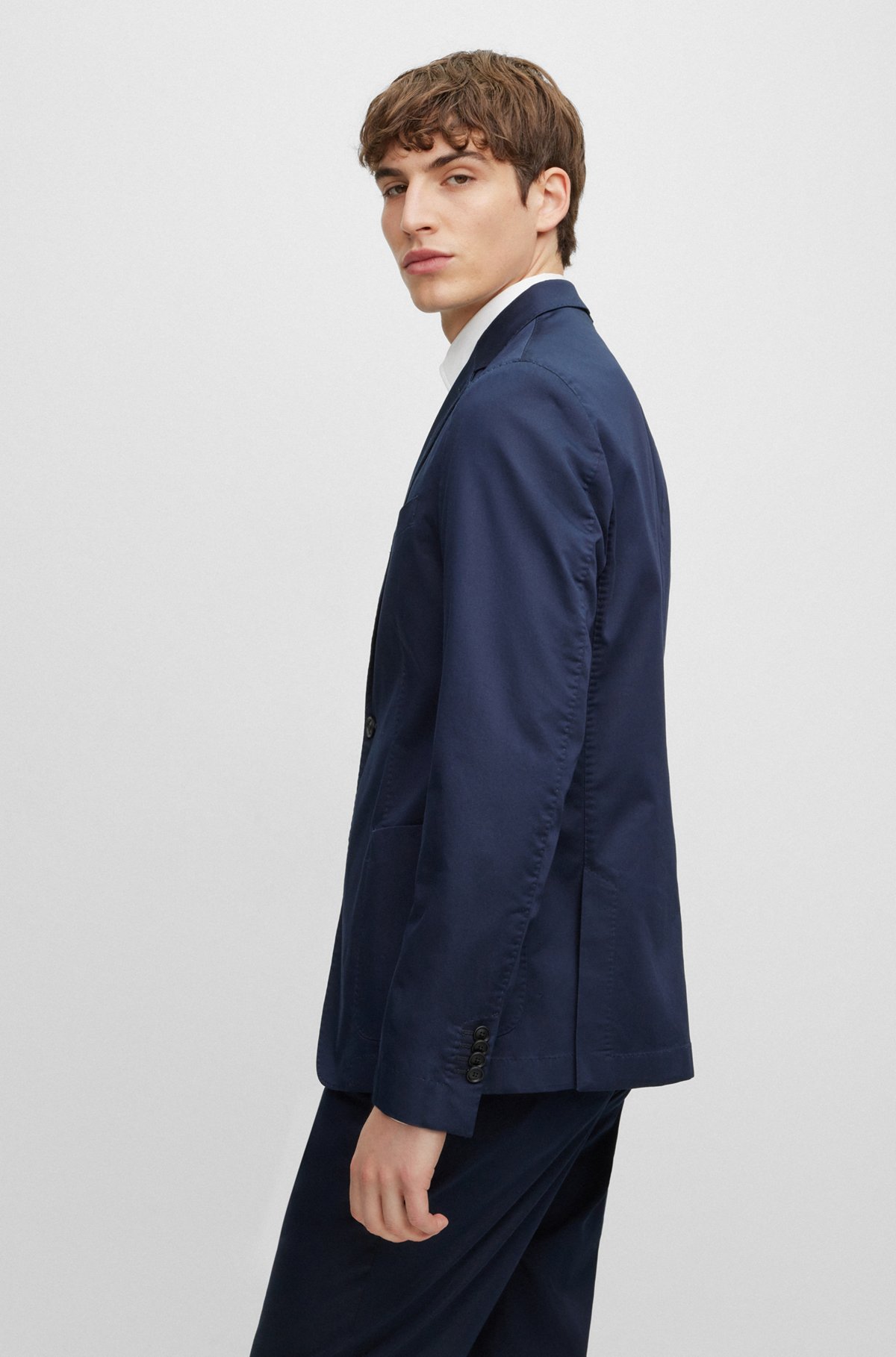 Slim-fit jacket in a crease-resistant cotton blend, Dark Blue