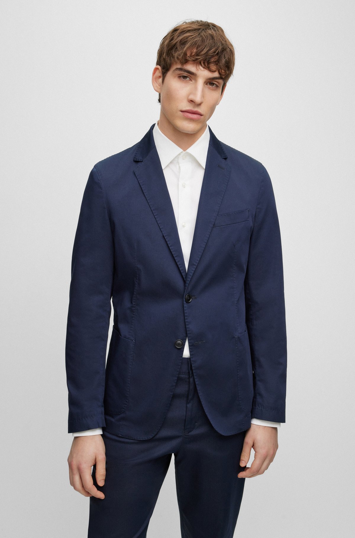 Slim-fit jacket in a crease-resistant cotton blend, Dark Blue
