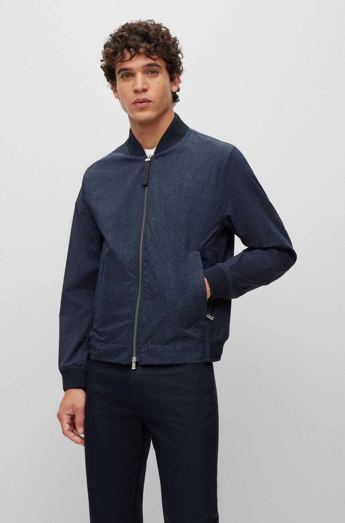 Slim-fit jacket in performance-stretch water-repellent fabric, Dark Blue