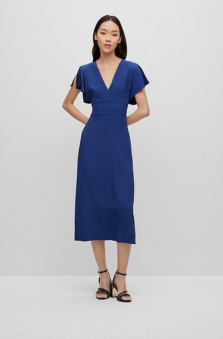Slim-fit long-length dress with V neckline, Dark Blue
