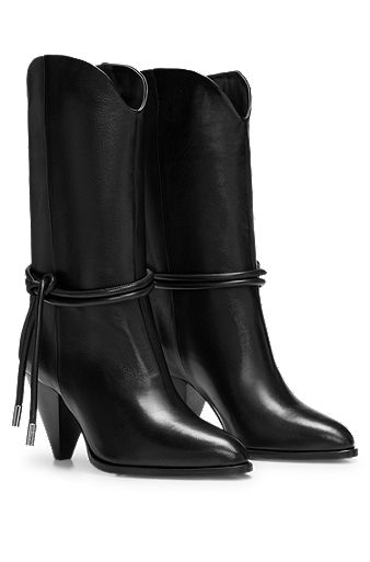 Calf-length boots in leather with pyramid heel, Black
