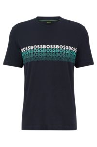 Crew-neck T-shirt in cotton with multi-colored logos, Dark Blue