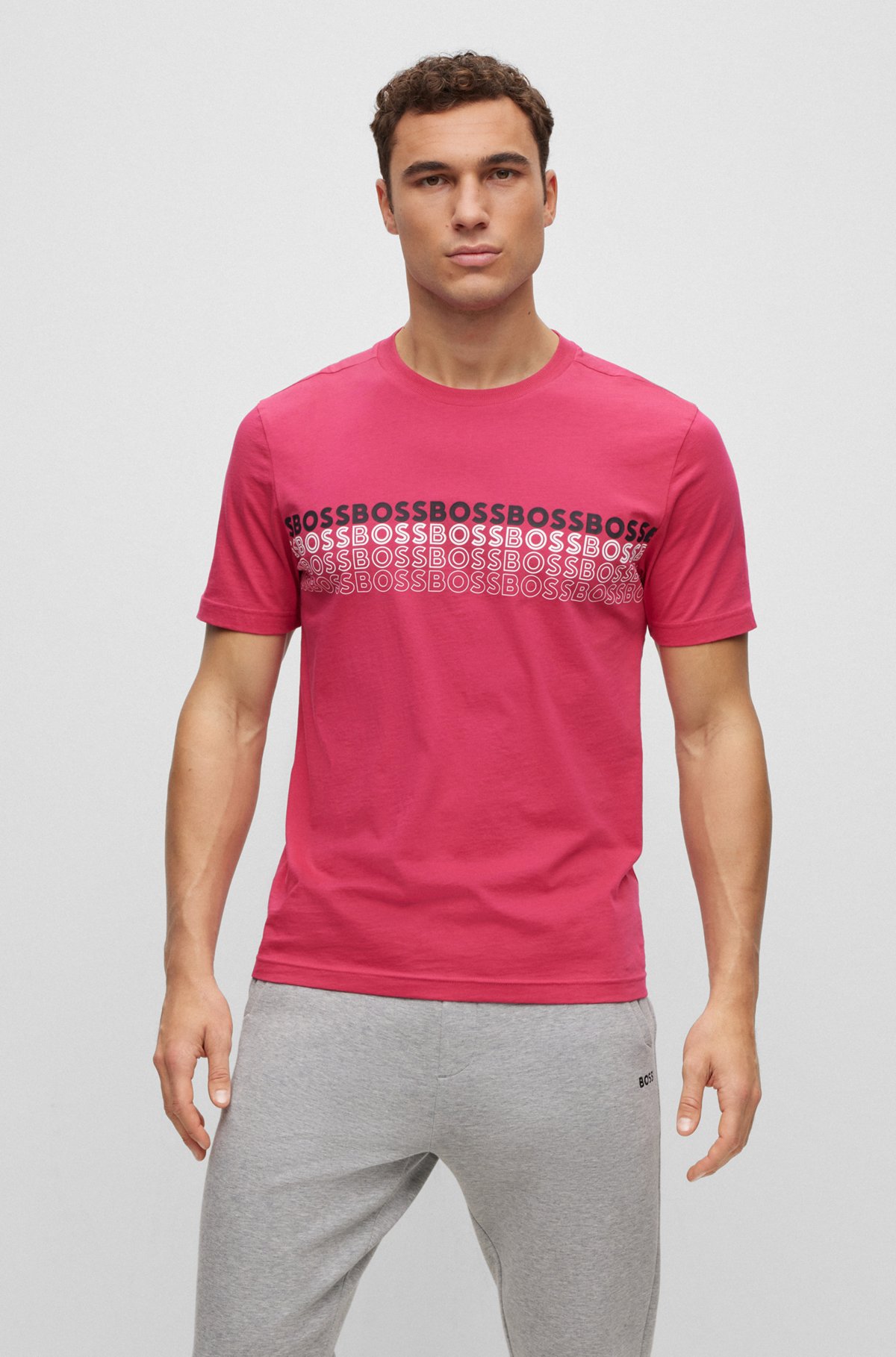 Crew-neck T-shirt in cotton with multi-colored logos, Pink