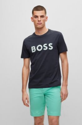 Hugo Boss Crew-neck T-shirt In Cotton Jersey With Logo Print In Dark Blue