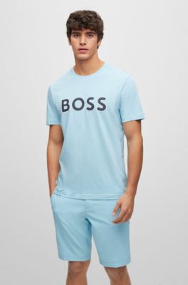 Hugo Boss Crew-neck T-shirt In Cotton Jersey With Logo Print In Light Blue