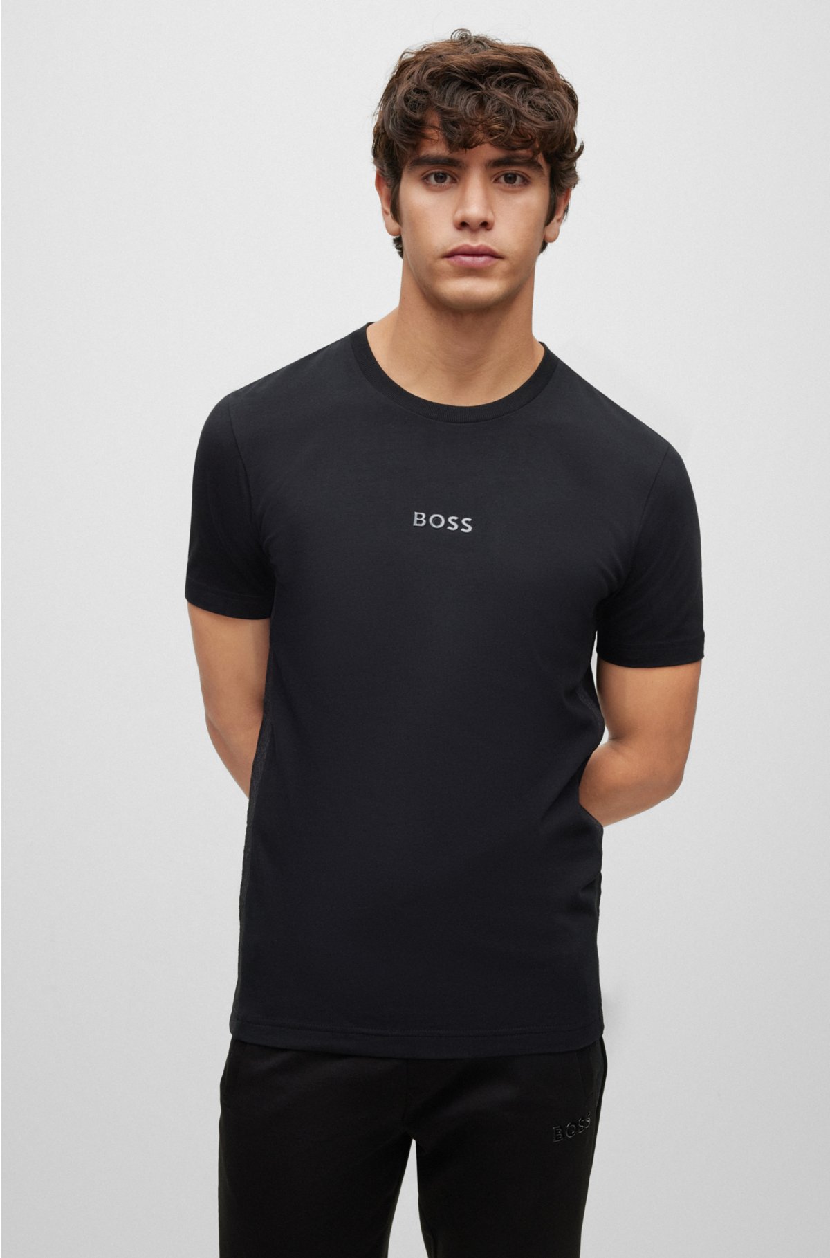 BOSS - Stretch-cotton regular-fit T-shirt with logo tape