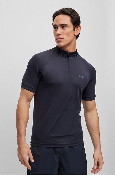 Zip-neck slim-fit polo shirt with perforations, Dark Blue