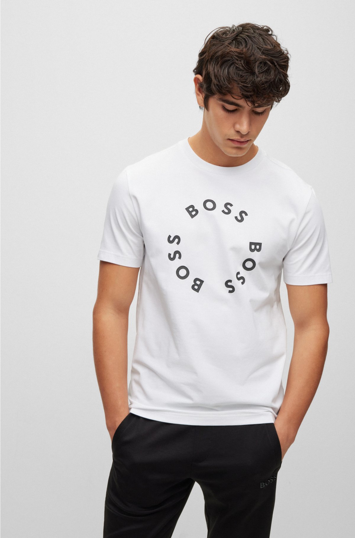 BOSS - Stretch-cotton T-shirt with circle prints logo