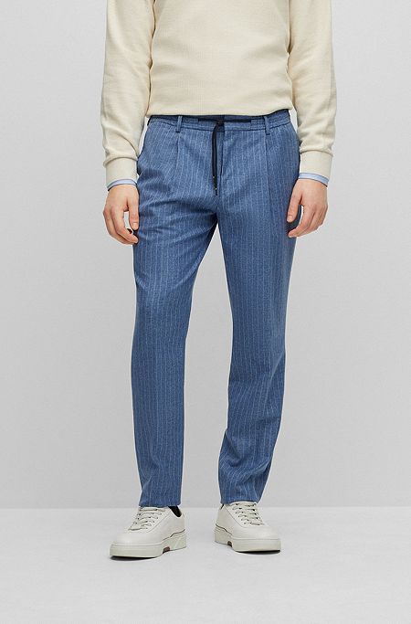 Slim-fit trousers in striped wool, cotton and silk, Blue