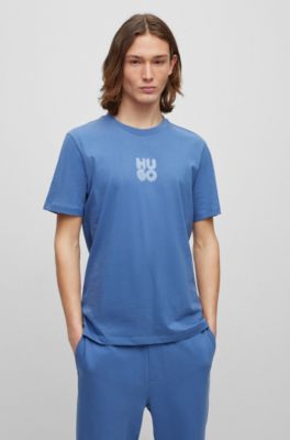 Hugo Cotton-jersey T-shirt With Graffiti-style Stacked Logo In Light Blue