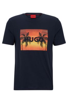 HUGO Cotton jersey T shirt with branded palm tree artwork