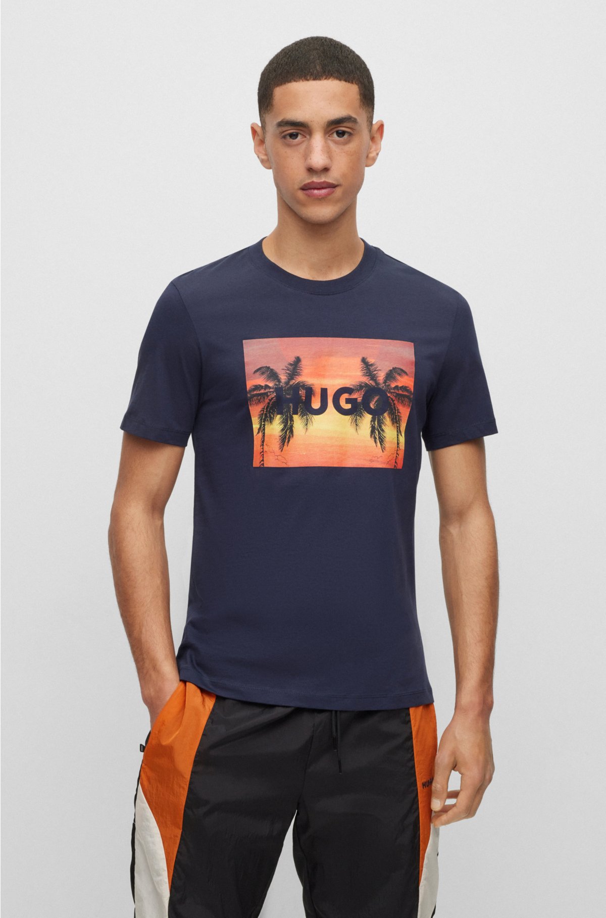 HUGO - Cotton-jersey T-shirt with branded palm-tree artwork