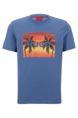 HUGO - Cotton-jersey T-shirt with branded palm-tree artwork