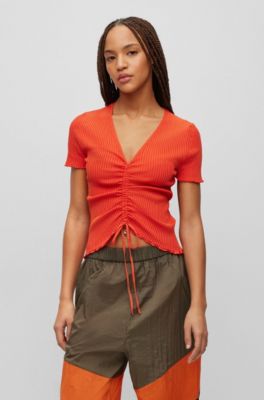 Hugo Boss Short-sleeved Ribbed Sweater With Gathered Front In Red