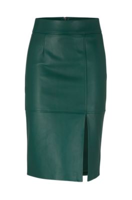 Shop Hugo Boss Slim-fit Pencil Skirt In Grained Leather In Light Green
