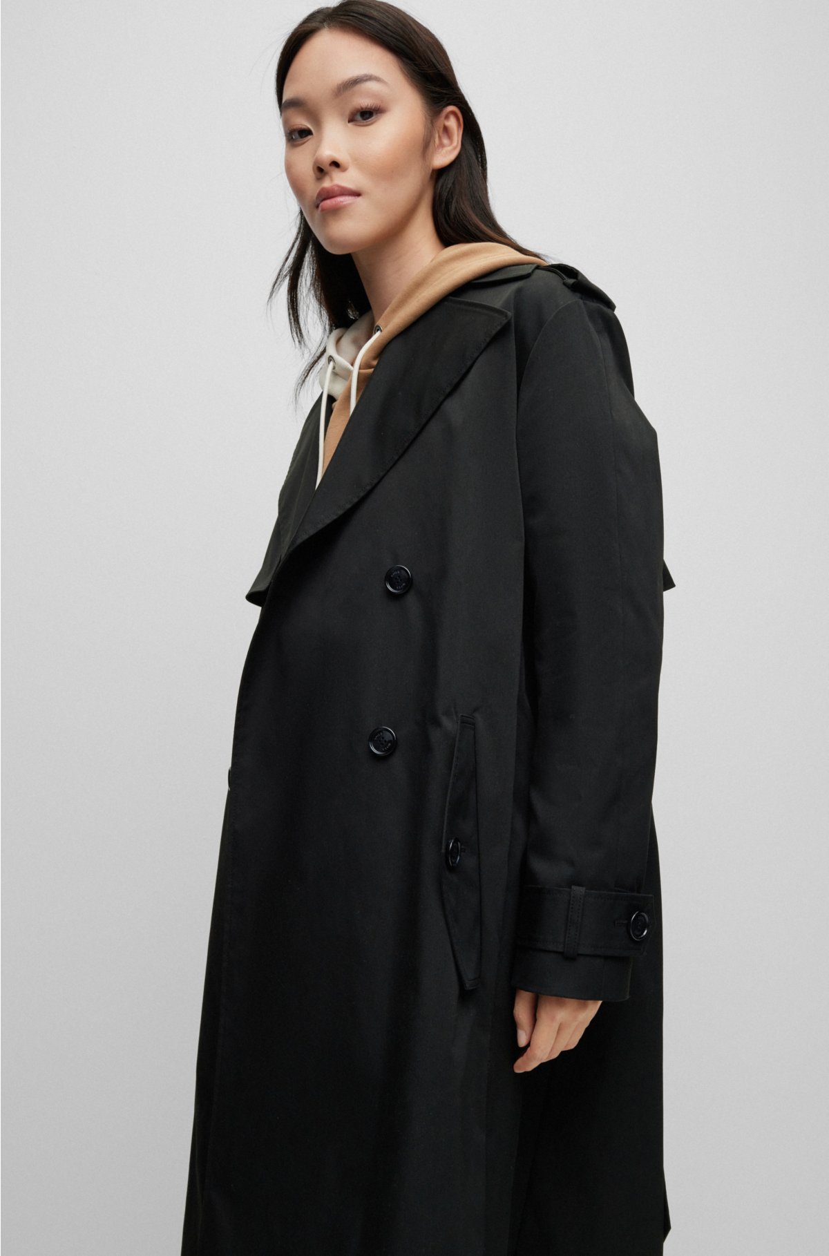 Black belted double-breasted trench coat