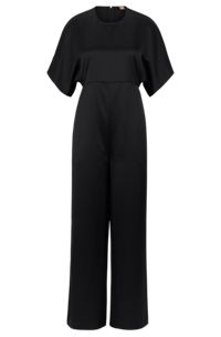Short-sleeved slim-fit jumpsuit in satin, Black