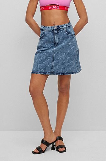Slim-fit denim mini skirt with handwritten logos, Blue