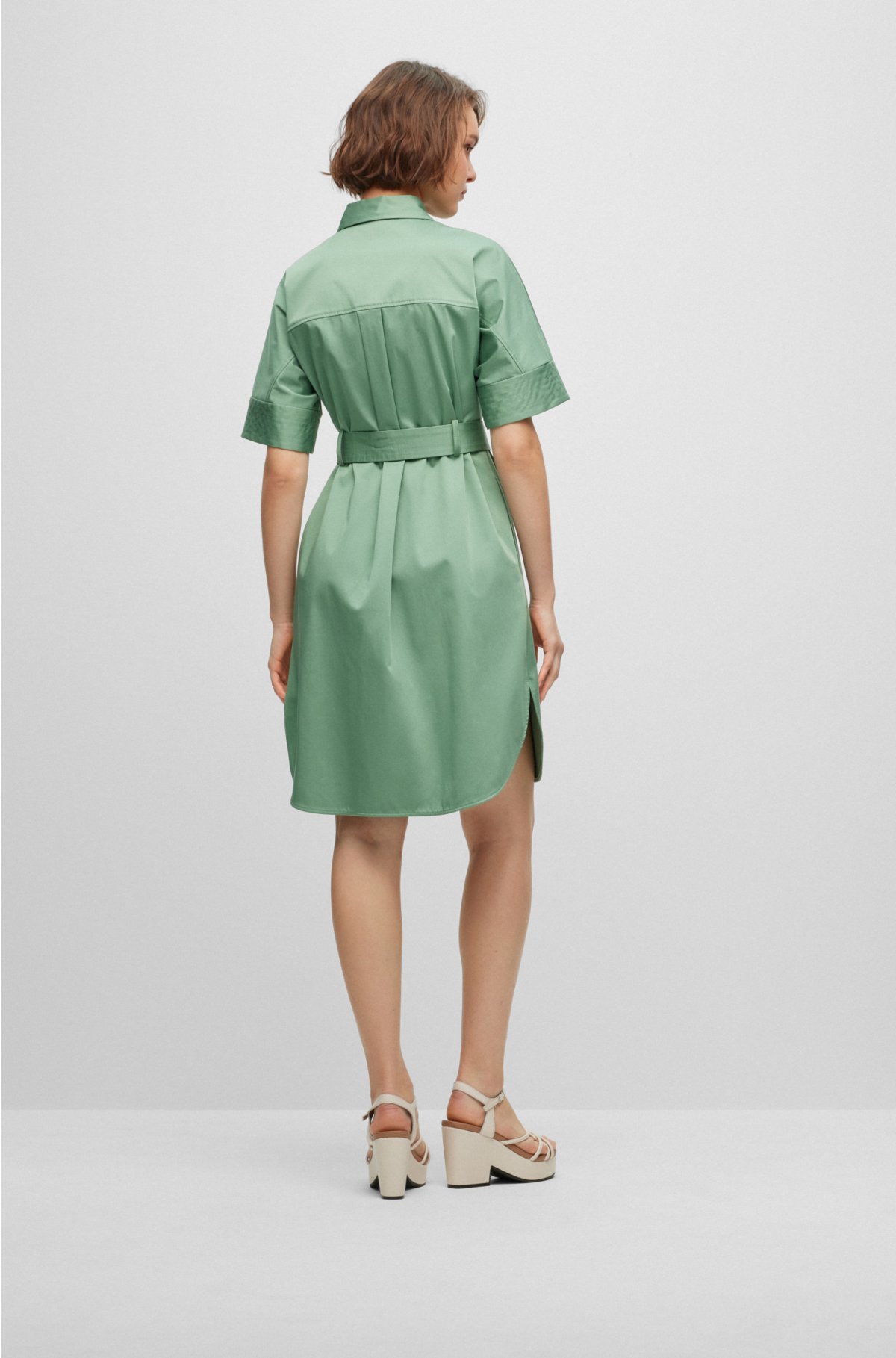 BOSS - Slim-fit stretch-cotton shirt dress with belted closure
