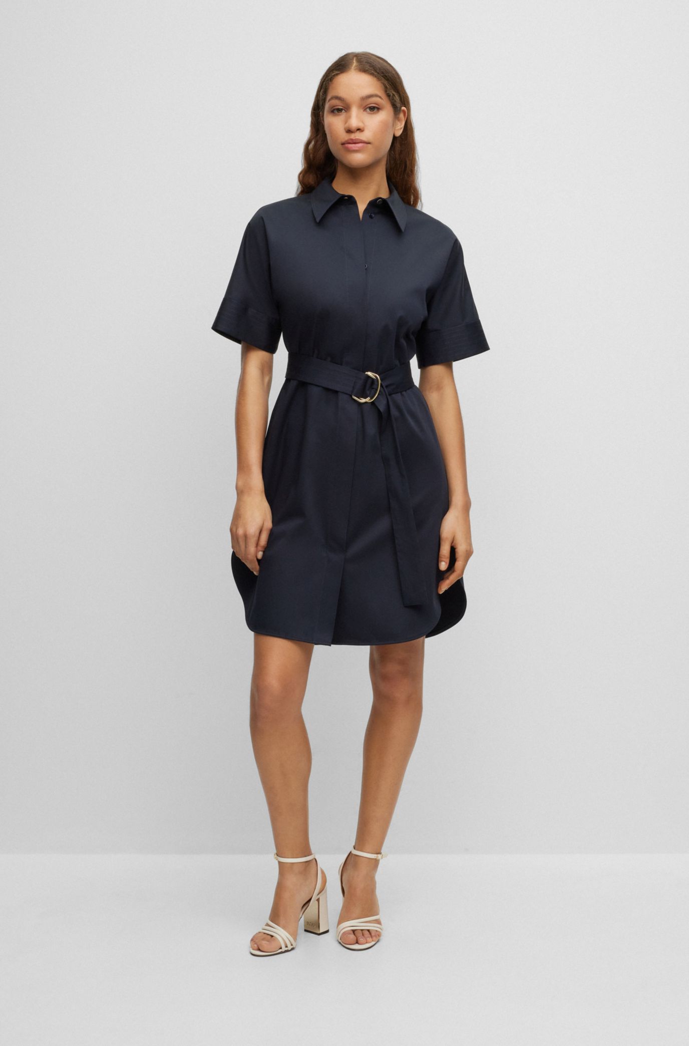 BOSS - Slim-fit stretch-cotton shirt dress with belted closure