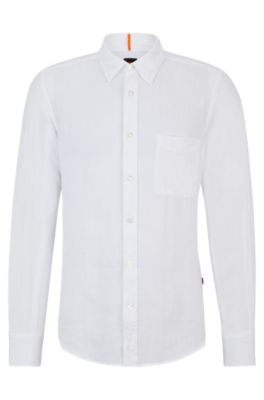 Hugo Boss Regular-fit Shirt In Linen Canvas With Barrel Cuffs In White