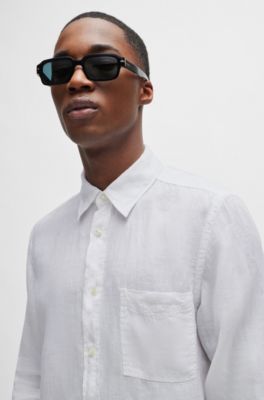 Regular-fit shirt in linen canvas with barrel cuffs, White
