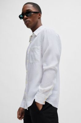 Regular-fit shirt in linen canvas with barrel cuffs, White