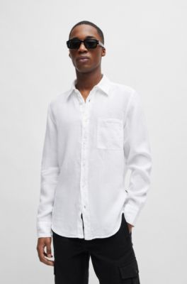 Regular-fit shirt in linen canvas with barrel cuffs, White