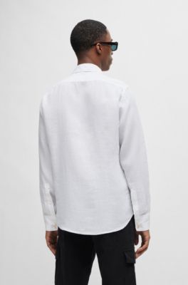 Regular-fit shirt in linen canvas with barrel cuffs, White