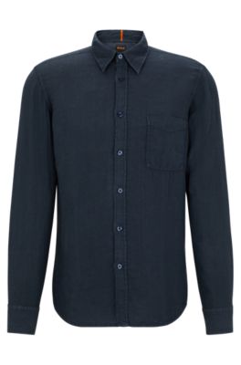 Regular-fit shirt in linen canvas with barrel cuffs, Dark Blue