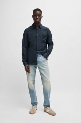 Regular-fit shirt in linen canvas with barrel cuffs, Dark Blue