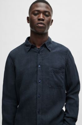 Regular-fit shirt in linen canvas with barrel cuffs, Dark Blue