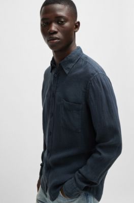 Regular-fit shirt in linen canvas with barrel cuffs, Dark Blue