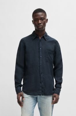 Regular-fit shirt in linen canvas with barrel cuffs, Dark Blue
