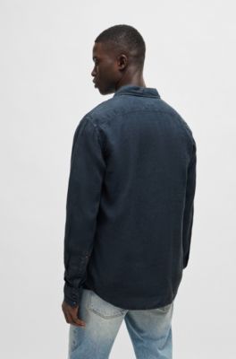 Regular-fit shirt in linen canvas with barrel cuffs, Dark Blue