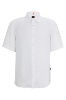 Camisa regular fit de lona de lino, Blanco