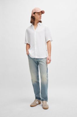 Camisa regular fit de lona de lino, Blanco