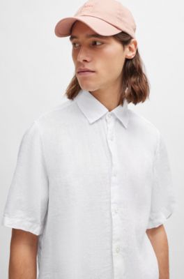 Camisa regular fit de lona de lino, Blanco