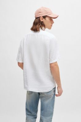 Camisa regular fit de lona de lino, Blanco