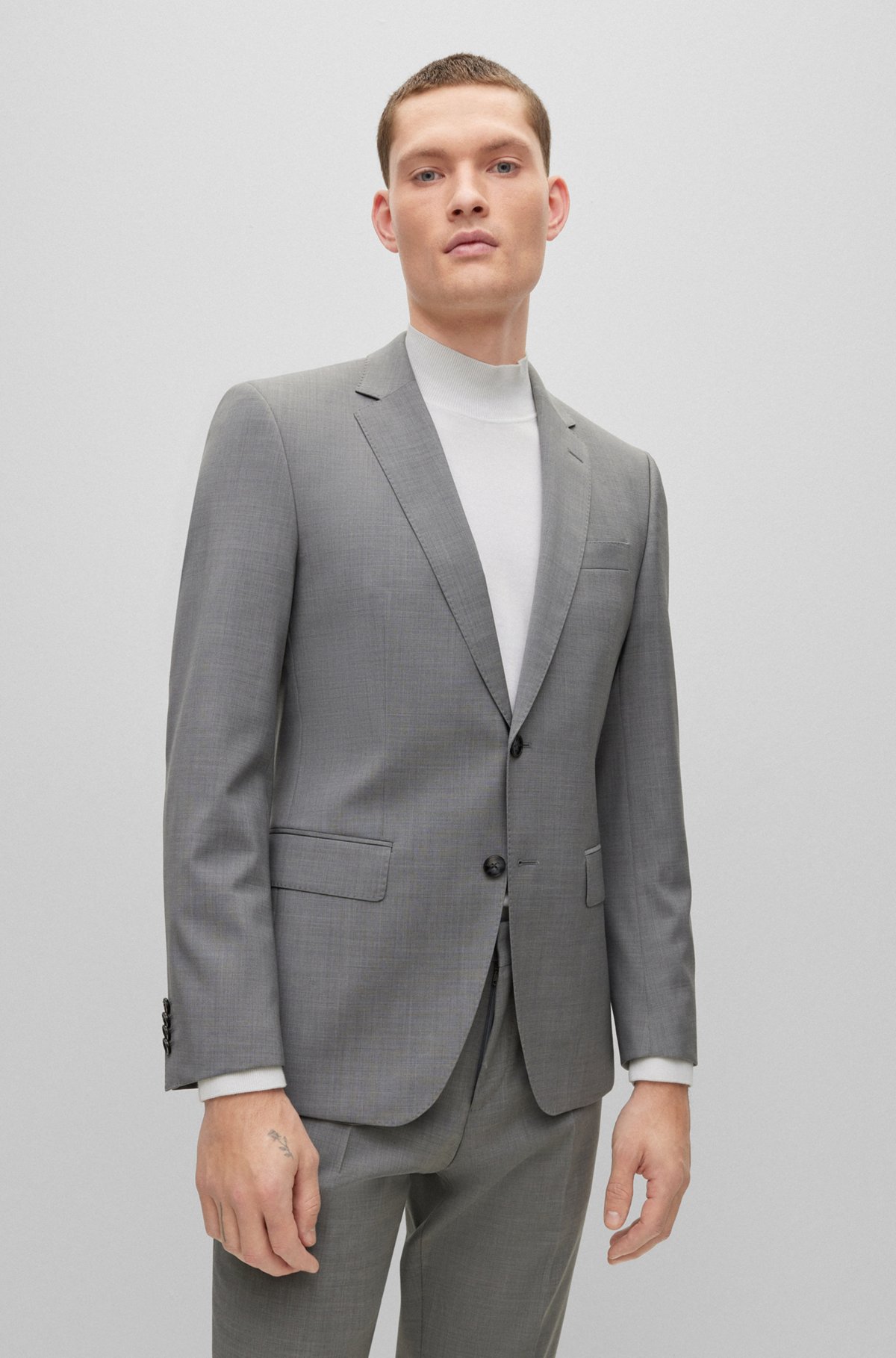 Slim-fit suit in melange stretch virgin wool, Silver