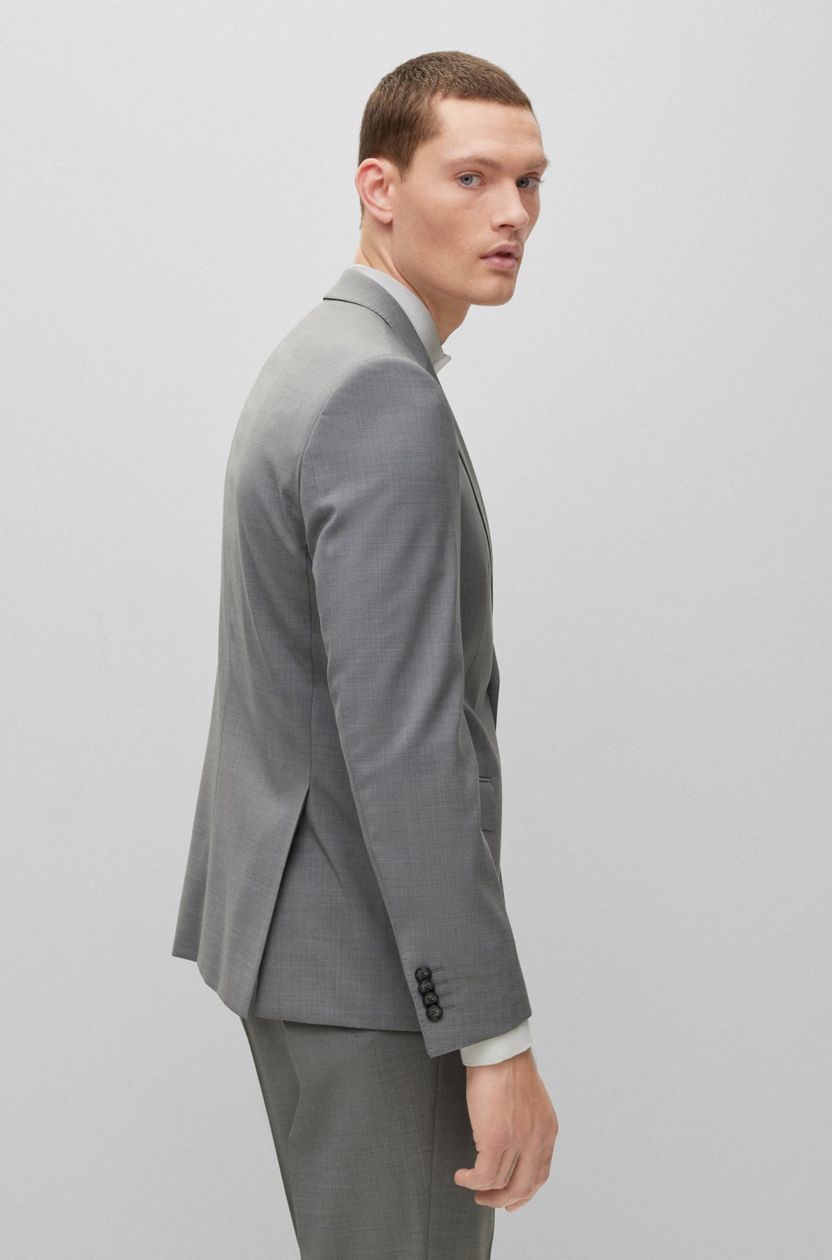 Slim-fit suit in melange stretch virgin wool, Silver