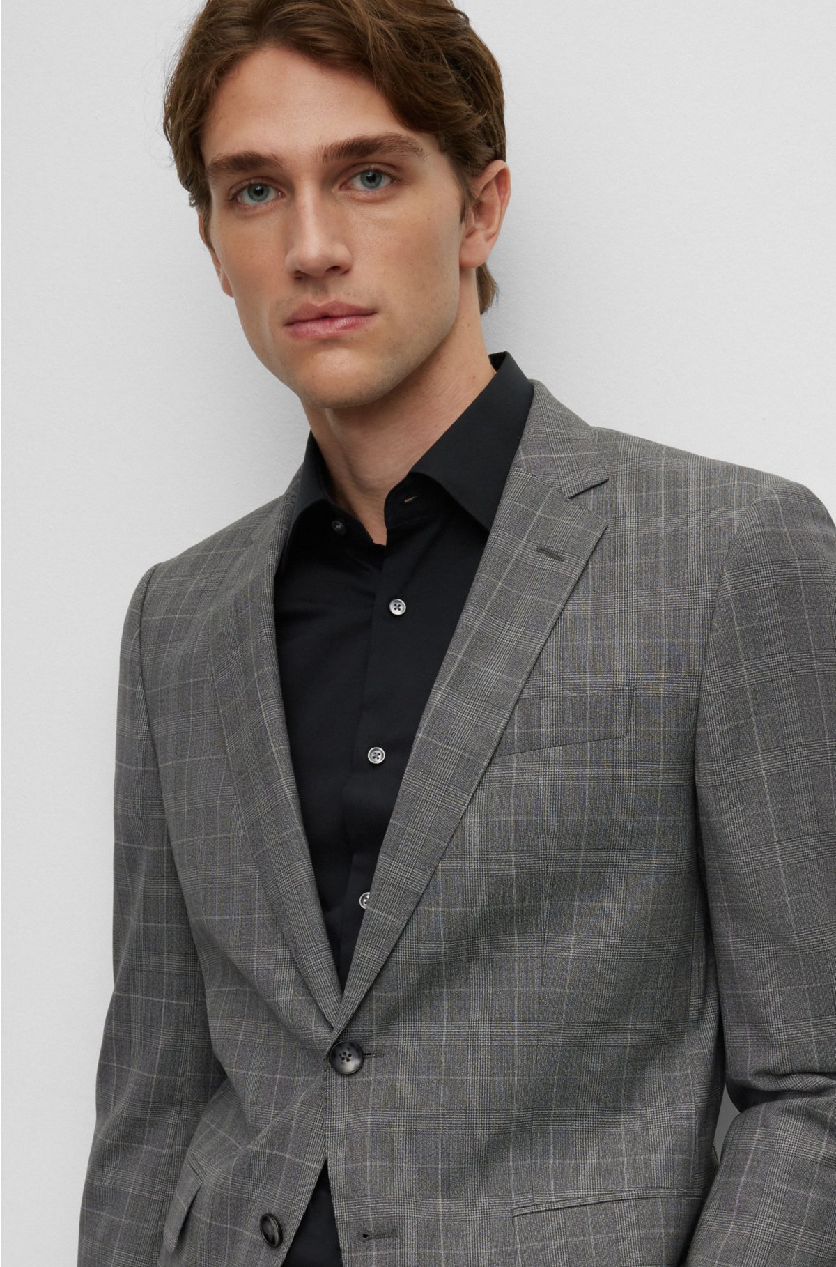 Buy BOSS Performance-Stretch Checked Slim-Fit Suit, Grey Color Men