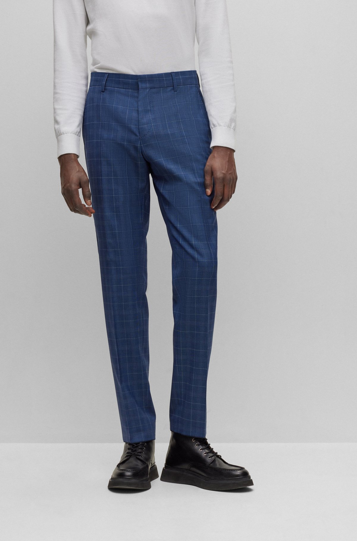 Slim-fit suit in checked stretch virgin wool, Light Blue